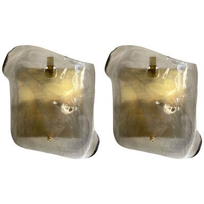 Large Pair of Contemporary Brass Sconces Gray Silver Leaf Murano Glass, Italy