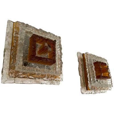 Pair of Glass Cube Pyramid Sconces by Poliarte, Italy, 1970s