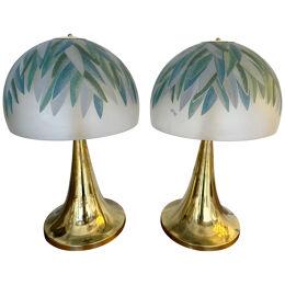Pair of Brass and Murano Glass Palm Tree Shades Lamps by Ghisetti, Italy