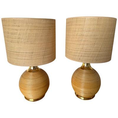 Pair of Rattan and Brass Lamps. Italy, 1970s
