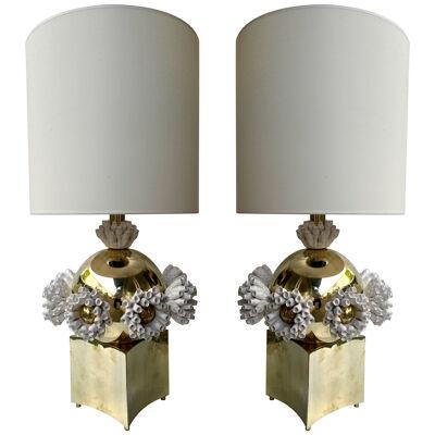 Contemporary Pair of Brass and Ceramic Anemone Lamps, Italy