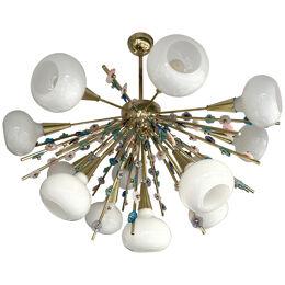 Contemporary Brass Sputnik Chandelier Flowers Murano Glass White Cup, Italy