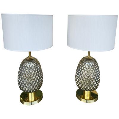 Contemporary Pair of Silver Gold Pineapple Murano Glass and Brass Lamps. Italy