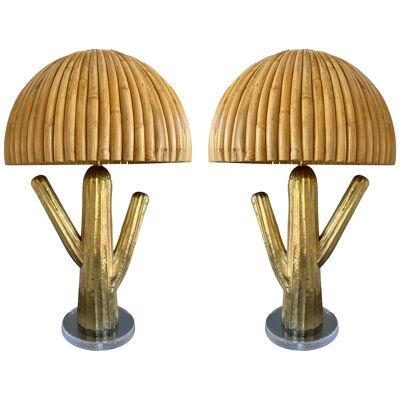 Pair of Rattan and Brass Cactus Lamps, Italy