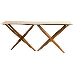 Mid-Century Modern Wood and Marble Wave Console Table. Italy