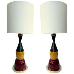 Contemporary Pair of Brass Murano Glass and Lacquered Metal Cone Lamps, Italy