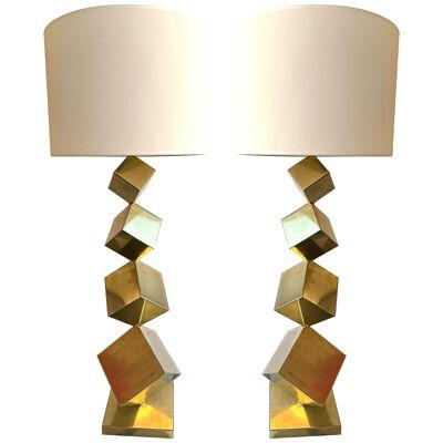 Contemporary Pair of Brass Dice Cube Lamps, Italy