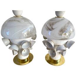Contemporary Pair of Brass Murano Glass and Ceramic Mushroom Lamps, Italy