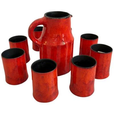 Set of cups and pitcher red enamelled from les frères Cloutier, France 1960