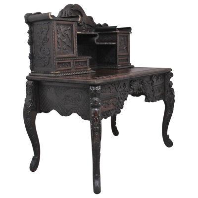 19th Century highly carved Japanese desk and chair