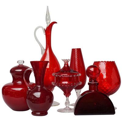 Set of Seven Bright Red MCM 1960s Italian Empoli Art Glass Decanters Vases Jars