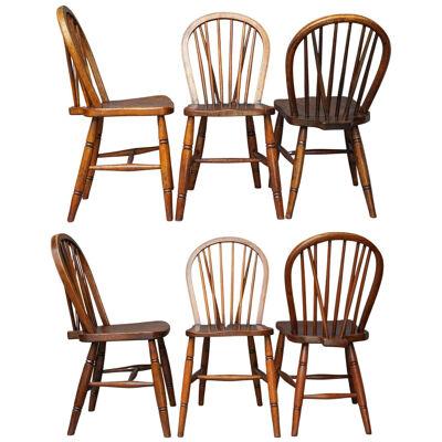 Set of six 19th Century English Windsor Elmwood Hoop Back Kitchen Table Chairs