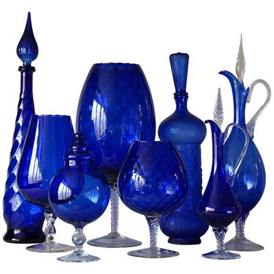 1960s Blue Glass Italian Empoli Set of Eight Genie Bottles Vases and Candy Jars
