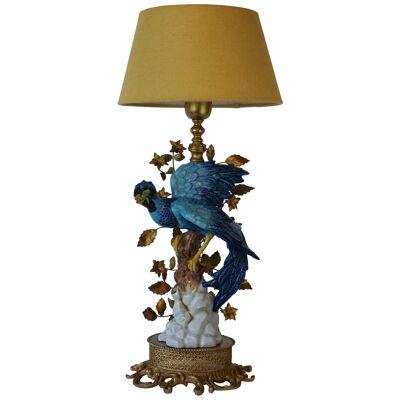 1970s Italian Giulia Mangani Tole Table Lamp Porcelain Hand Painted Blue Bird