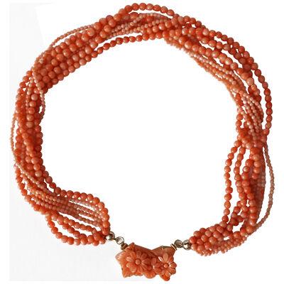 1950s Italian Angel Skin Coral Eight Strand Necklace 18kt Gold hand Carved Lock