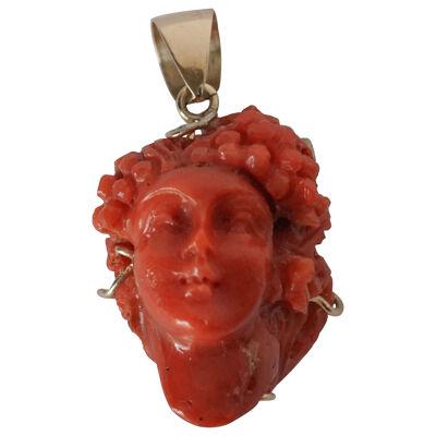 19th Century Italian Hand Carved Coral and Gold Bacchante Bacchus Cameo Pendant 